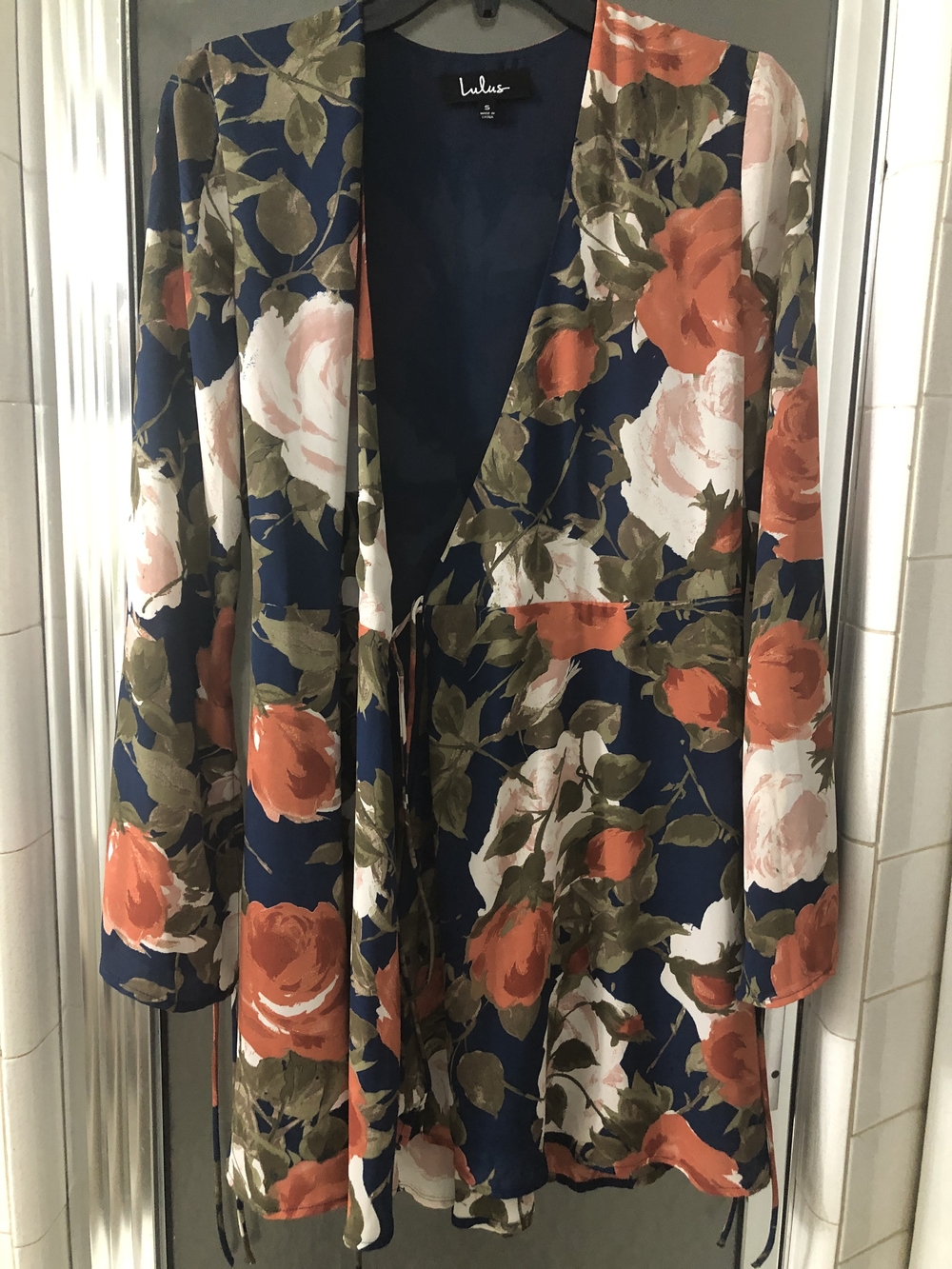 Lulu's Navy Floral Tie-Waist Blazer with Orange & Cream Roses and Olive Leaves